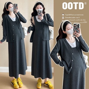 Pregnant Women suit Spring and Autumn Lazy Style 2025 New Spring Chanel Style Cardigan Vest dress Two-piece suit