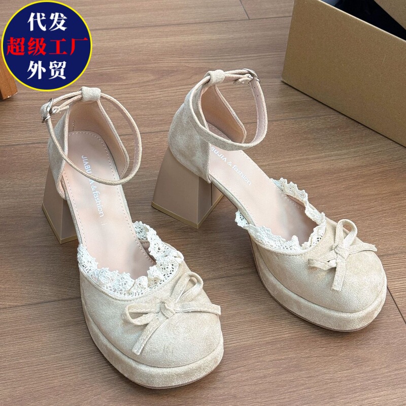2026 Spring/Summer New High-Heeled Sandals Hollow Out French Sweet Lace Bow Chunky Heel Mary Jane Shoes for Women