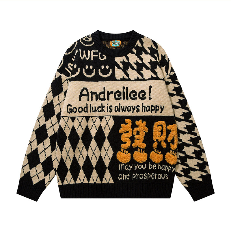 Tide americana hiphop creativo flocado pareja suéter de diseño de otoño y invierno mujeres relajado camiseta de punto rojo viento image 7