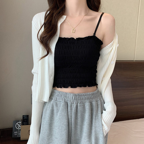 Beautiful back ice silk pleated suspender vest top with adjustable base and adjustable strap Korean version short style with chest pad wrapped underwear