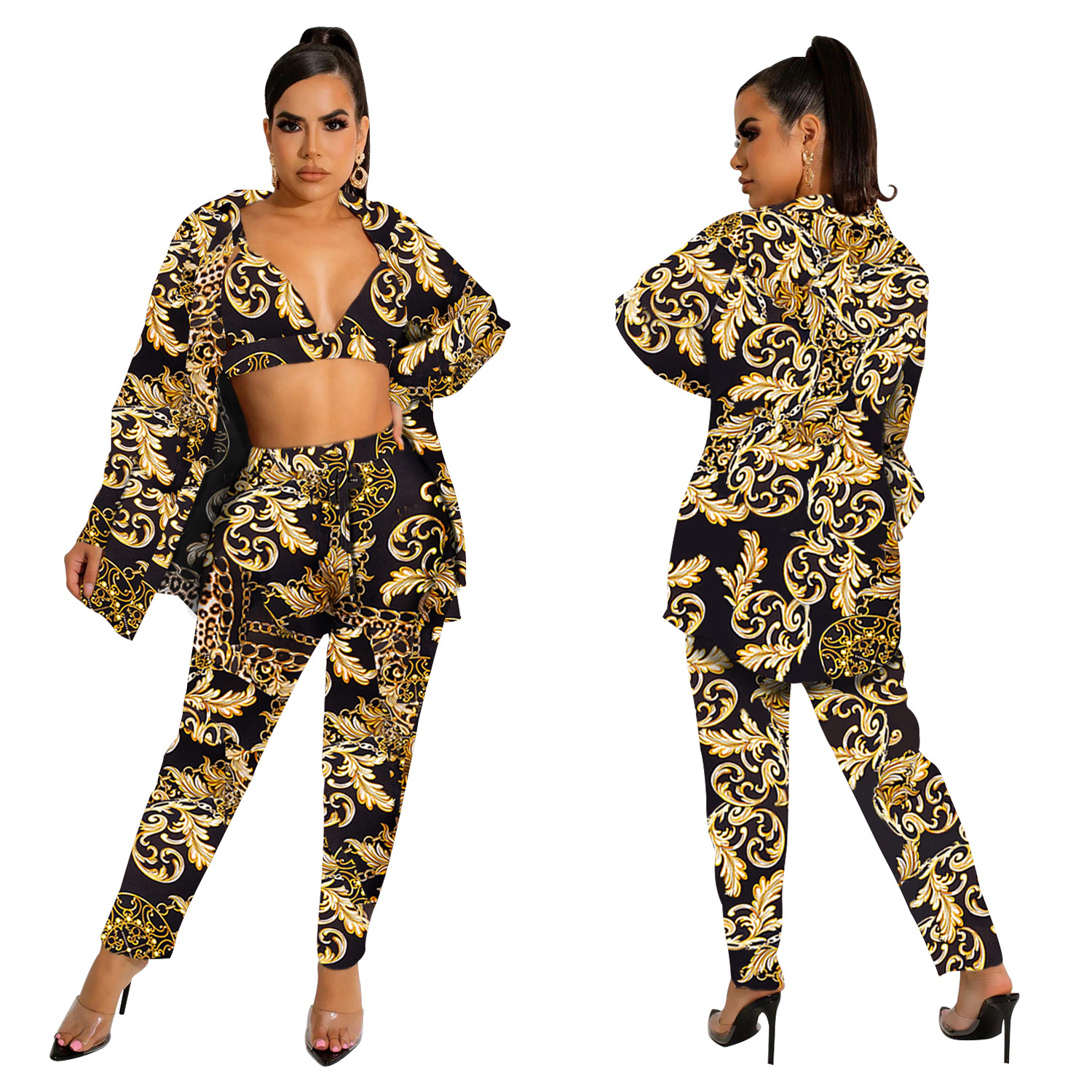 Women's Pant Set With Long Sleeved Collared Jacket And Trousers_voghion.com