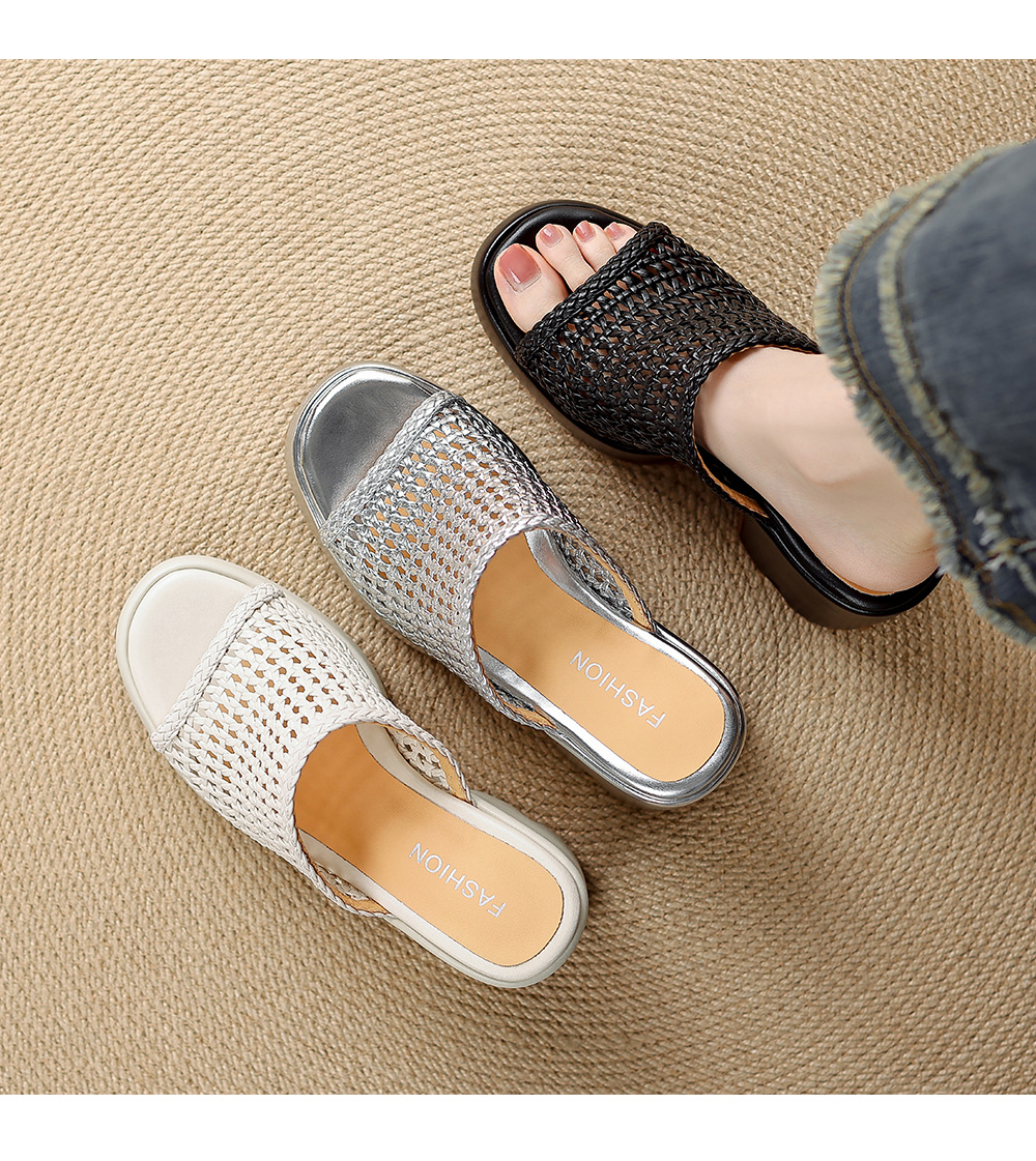 Sandal cao gót nữ hở mũi đế xuồng đan lát phong cách La Mã — màu đen, màu trắng ngà, bạc chi tiết 12