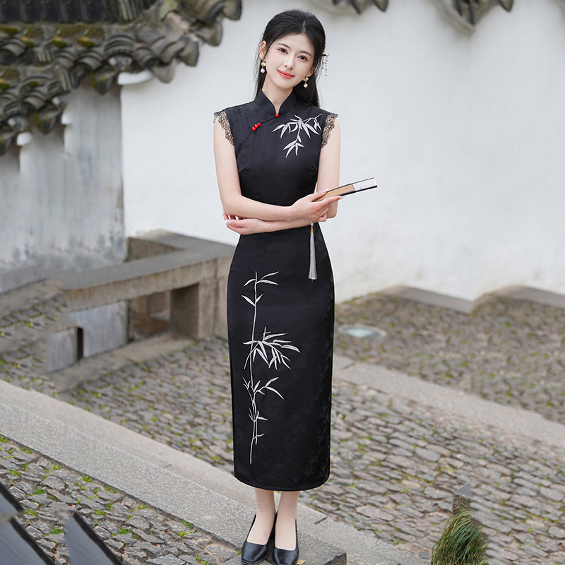 Black long lightweight retro summer cheongsam sleevless