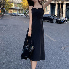 法式风小黑裙高级感黑色吊带连衣裙女2024春夏新款气质雪纺长裙子