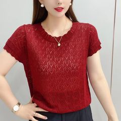 时尚圆领镂空花边短袖针织衫2025季新款宽松显瘦百搭减龄上衣女