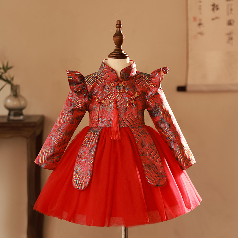 古风拜年服女童礼服中国风唐装汉服小女孩新年元旦红色喜庆演出服