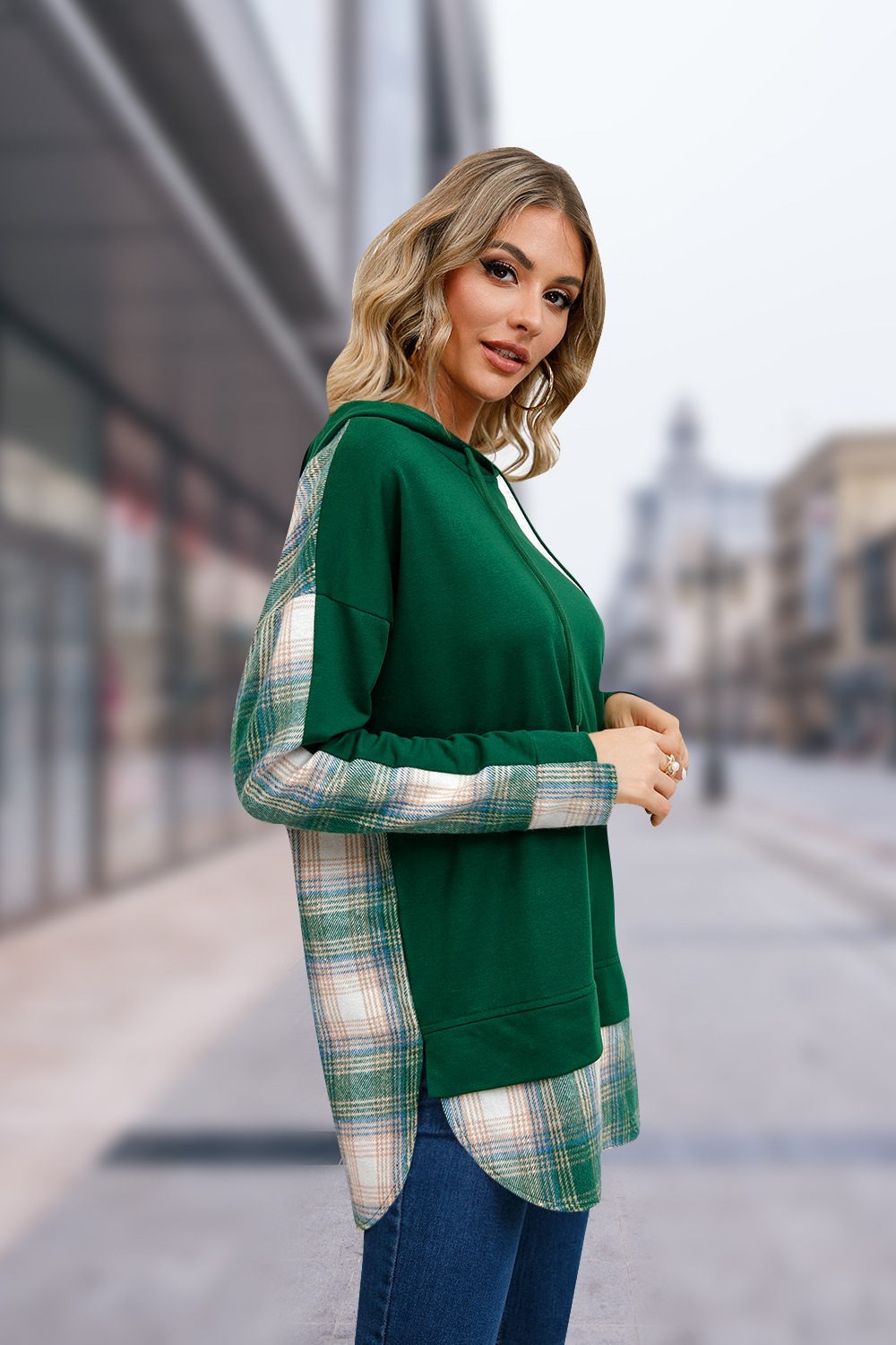 Damen Kapuzen Pullover Lange Ärmel Strassenmode Plaid Einfarbig display picture 4