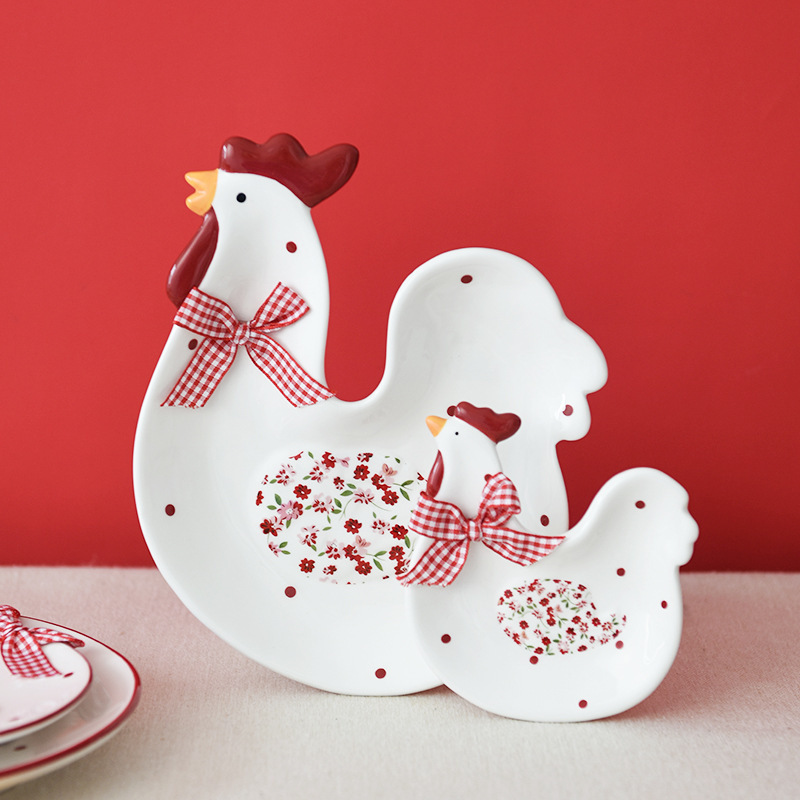 ins Red Floral Chicken Ceramic Plate Dessert Plate Breakfast Plate Afternoon Tea Ceramic Dim Plate Chicken-shaped Plate Easter