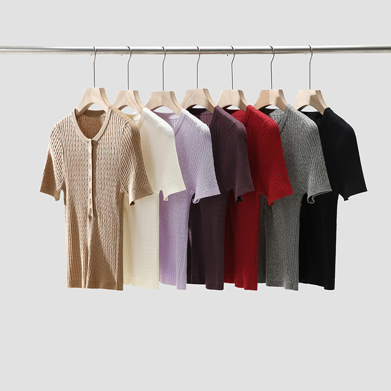 Silk and Wool Blend Half-Open Round Neck Cable Knit Short-Sleeve T-Shirt for Women, Spring/Summer, Solid Color, Slim Fit Pullover Top