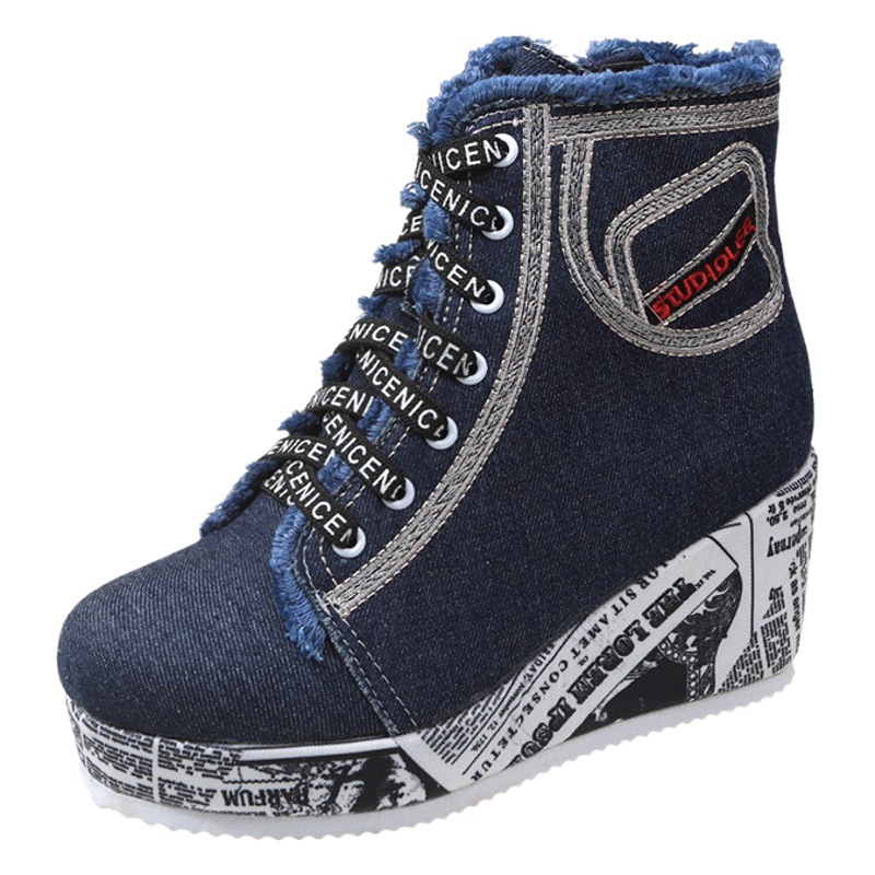 2023 nuevas botas de moda con cordones de punta redonda de lana Comercio exterior de moda más tamaño de cuña inferior inglés zapatos altos