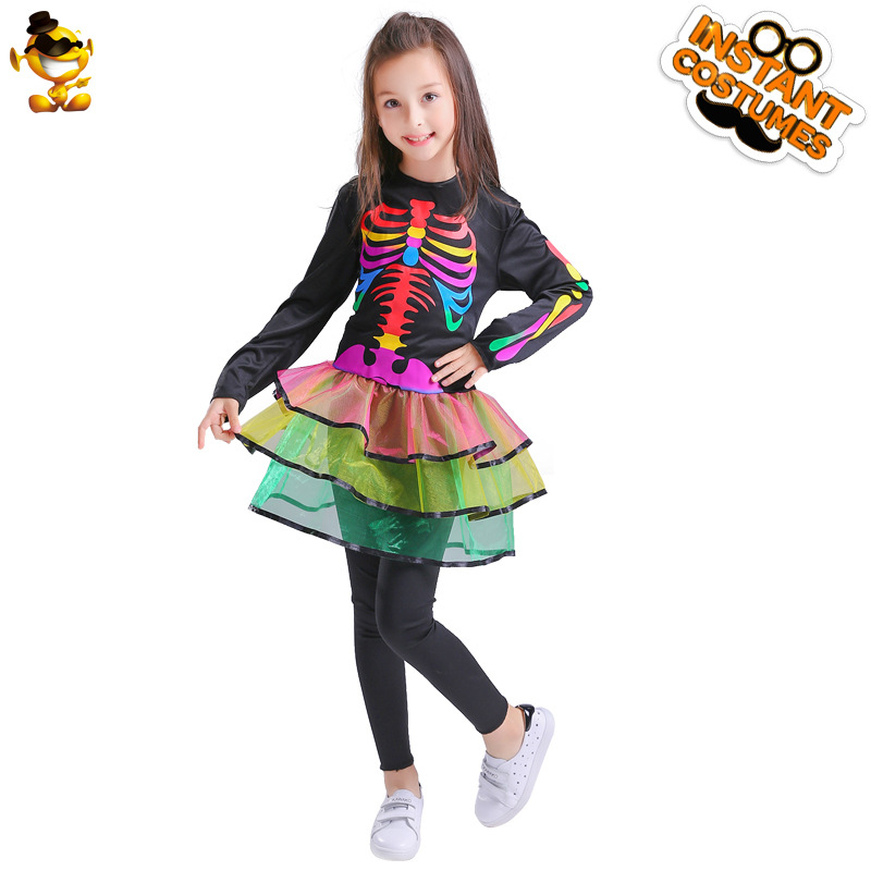 Halloween niños de las mujeres colorido fantasma hueso cráneo vestido etapa rendimiento ropa partido Cosplay ropa