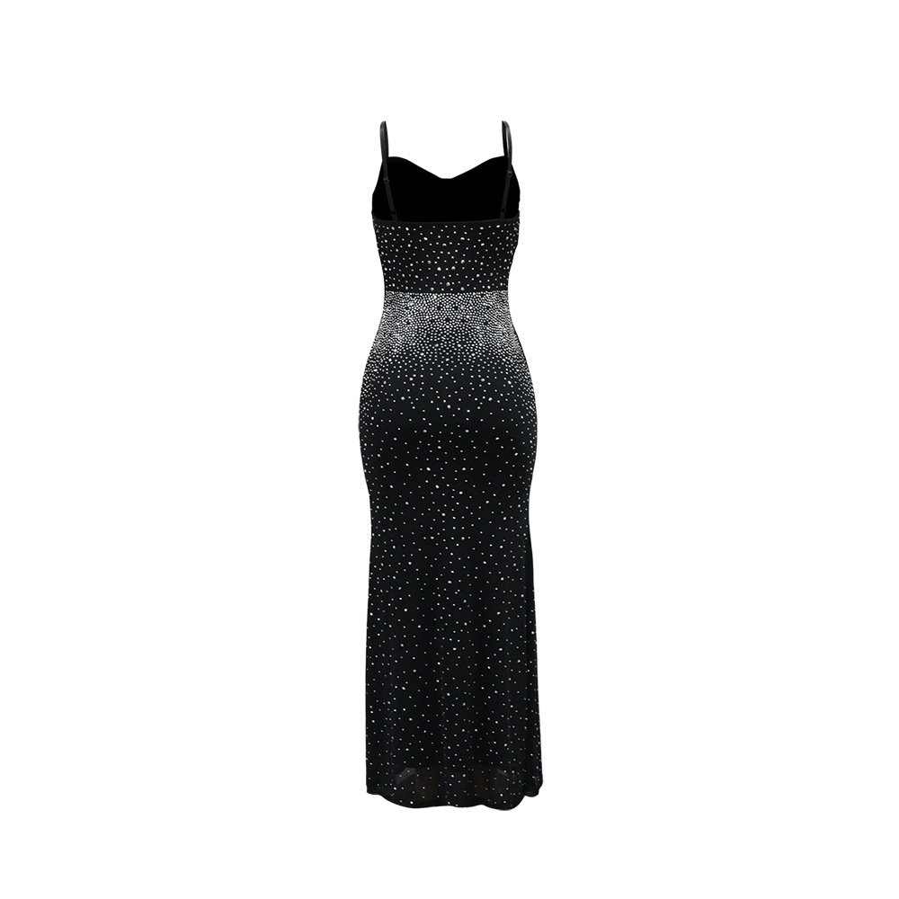 Elegant Spaghetti Strap Long Dress With Rhinestone Details, Women's Chic Bodycon Maxi Dress For Parties_ecoleips.com
