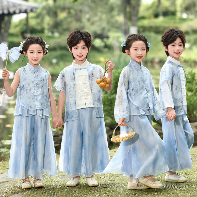 Children's Hanfu Performance Costumes for Primary School Students, Boys and Girls, Kindergarten, Three Character Classics and Ancient Poetry Recitation Performance Costumes for Summer Children's Hanfu Performance Costumes for Primary School Students, Boys and Girls, Kindergarten, Three Character Classics and Ancient Poetry Recitation Performance Costumes for Summer
