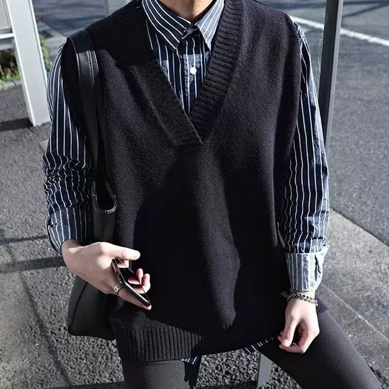春秋装新款男士无袖针织衫男马甲背心V领坎肩复古无袖青年毛衣潮
