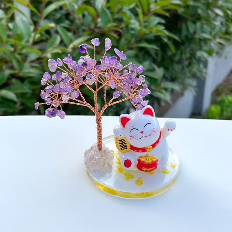 紫粉水晶許願樹招財猫ホームオフィスは、招財樹リビングに玄関の車のテーブルを置く|undefined