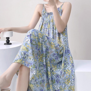 Cotton Silk Sling Nightgown High-end Fashion Small Fresh Print Backless Casual Spring and Summer Long dress