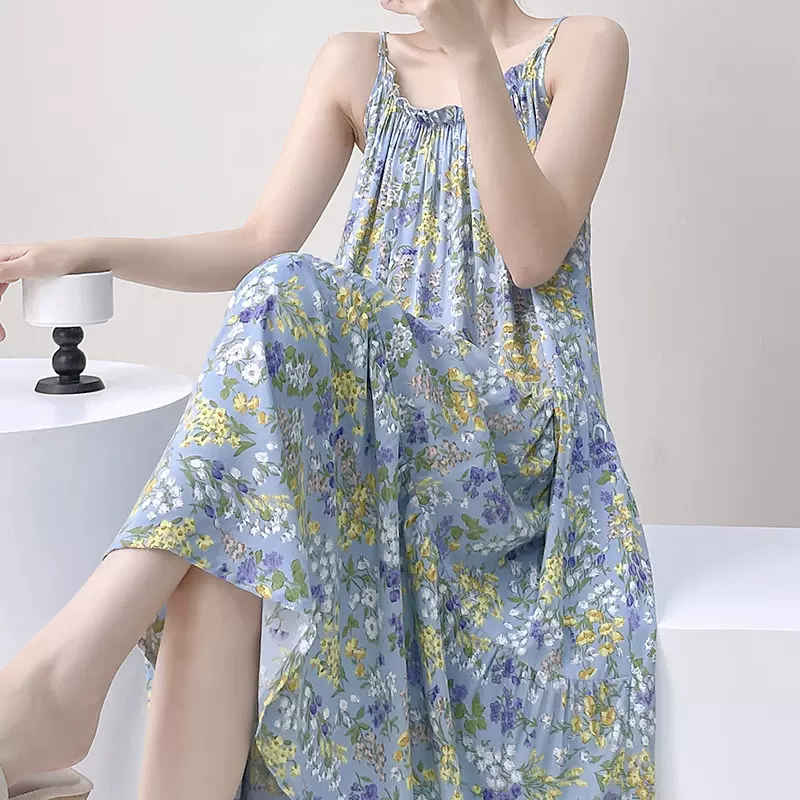 棉绸吊带睡裙高级感时尚小清新印花露背休闲春夏季款长款连衣裙