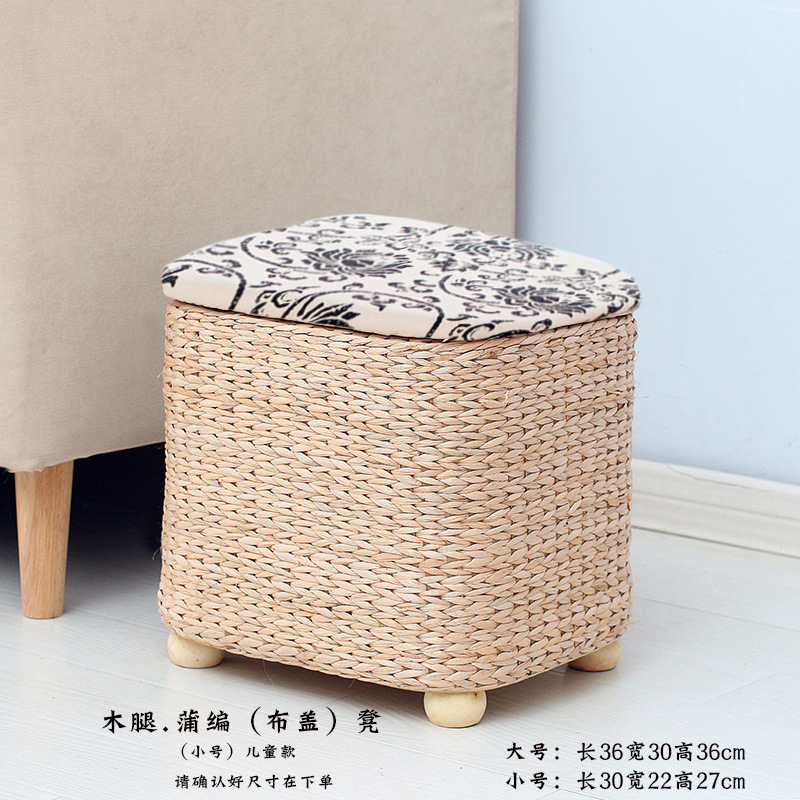 Taburete de almacenamiento de madera maciza tejido de paja Taburete de almacenamiento Taburete de cambio de zapatos tejido de ratán Taburete de maquillaje de sofá puede sentarse personas organizando caja de almacenamiento