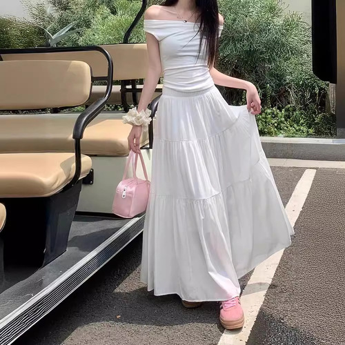 Plus-size cake white half skirt for women autumn large umbrella skirt pleated plus size medium-length dress