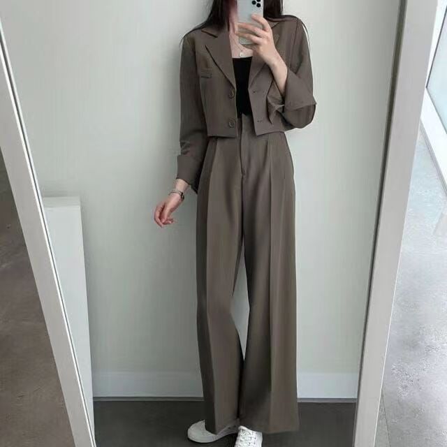 ChicShe Korean Chic Retro Revers Zwei-Knopf Lockerer Blazer Kurze Jacke Hoch taillierte Hose mit weitem Bein Lange Hosen Anzug Damen_voghion.com