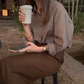现  韩国东大门设计师Lerobe美娜日本羊毛棉格子气质百搭长袖衬衫