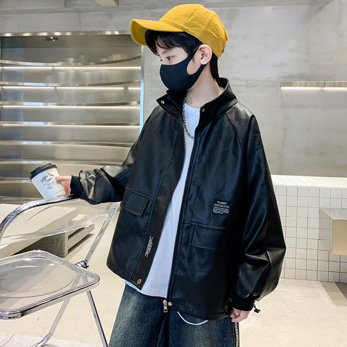 Boys' Leather Jacket 2024 Spring and Autumn New Middle Size Boy Black Leather Jacket Casual Children Spring Clothing Streetwear Outerwear