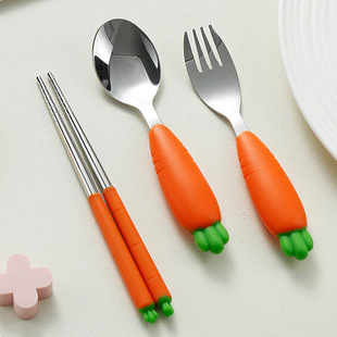 Cute carrot silicone children's tableware for mother and baby stainless steel for new born, spoon, chopsticks, fork 2