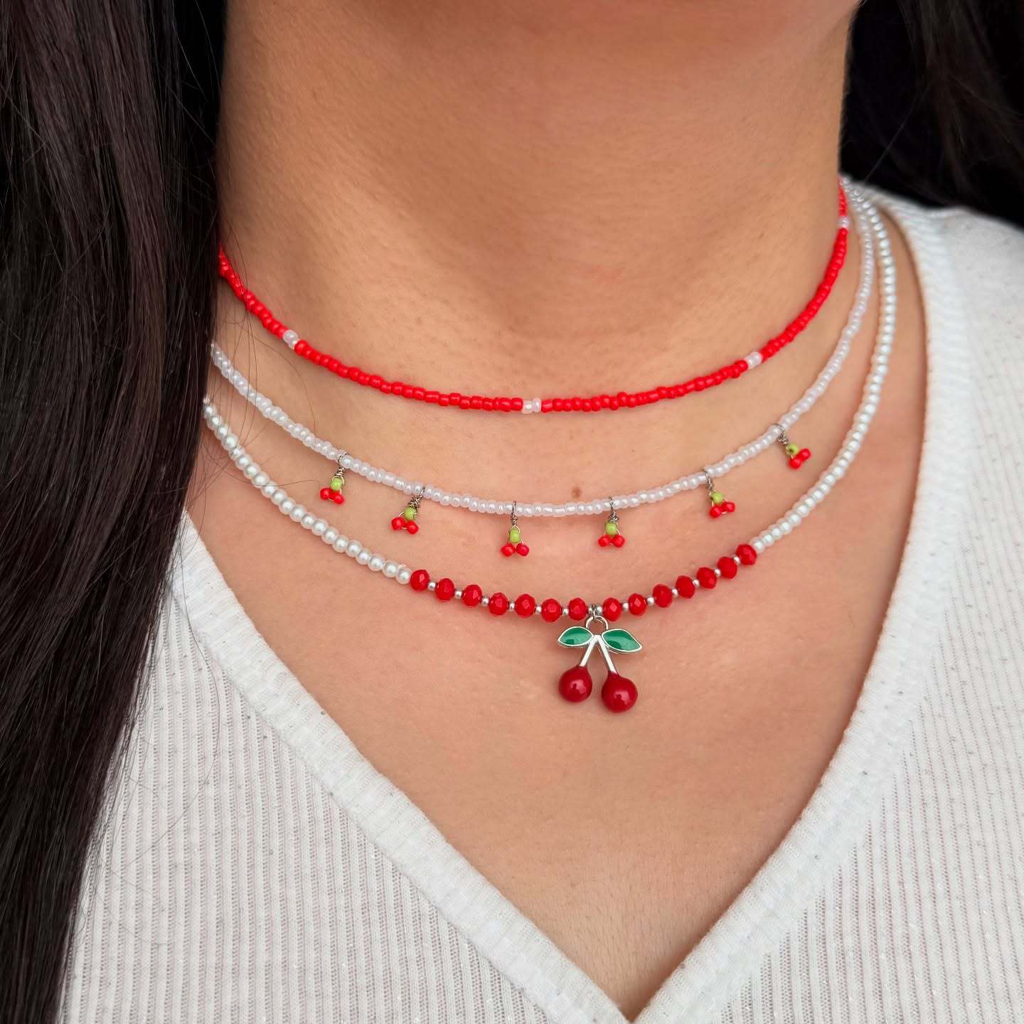 Fashion New Beautiful Cherry Set Multi-Layer Stacking Design Summer Fresh Rice Bead Chain Accessory_voghion.com