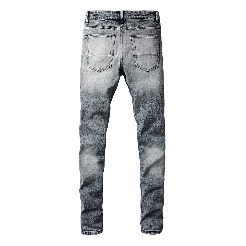 Vêtements pour hommes dans le même style moustaches de chat froissées patchwork noir trous en cuir élastique slim fit jeans skinny jeans_voghion.com