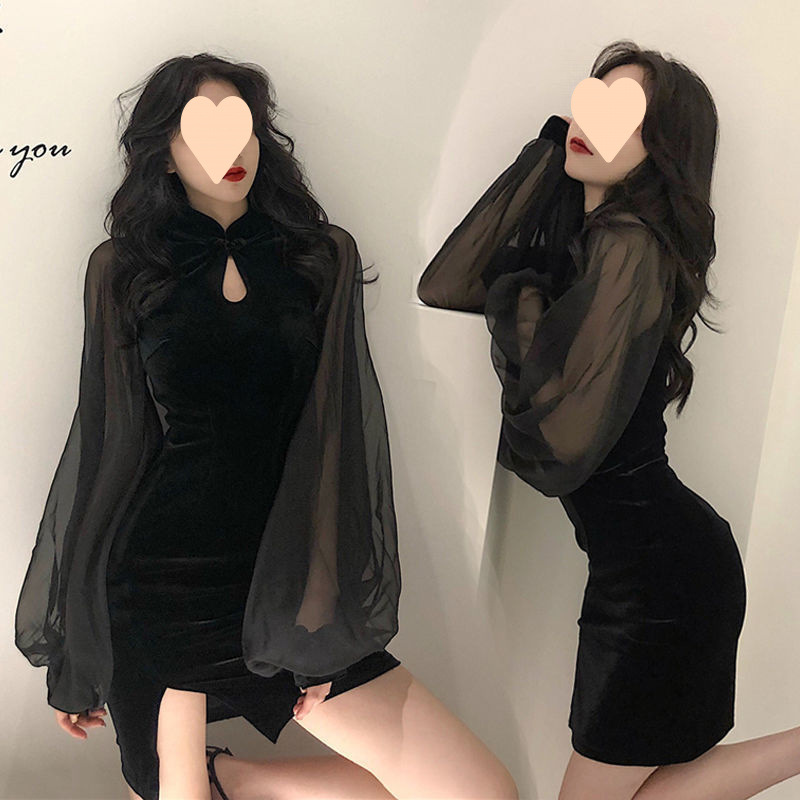 Slimming cheongsam autumn and winter new stand-up collar lantern sleeves high-waist skirt with slit hip chiffon spliced velvet dress