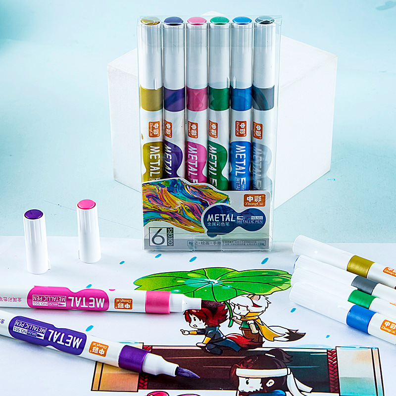 H501 metal pluma flash pluma metal marcador de color DIY diario fluorescente marcador pluma 6 colores traje
