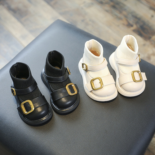 Baby girl princess socks shoes new autumn and winter fly knitted small leather boots British style children's toddler trendy boots soft soles