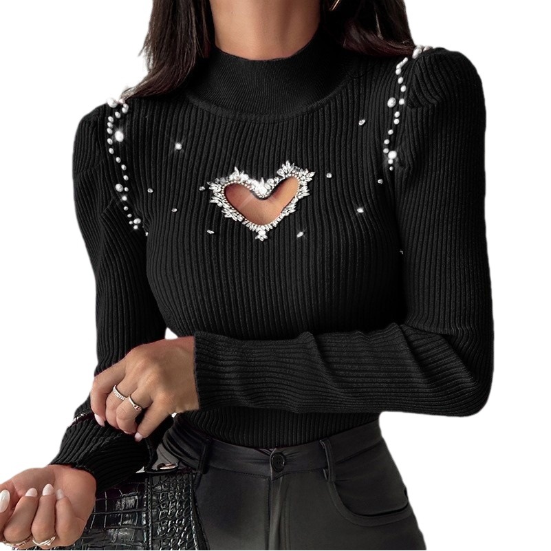 2023 Comercio exterior europeo y americano Ropa interior de mujer Otoño e Invierno medio cuello alto camisa de fondo con cuentas suéter delgado superior image 1