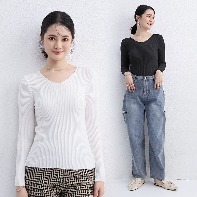 Suéter de las mujeres Otoño e Invierno japonés SLIM-Fit multicolor sin costuras suéter con cuello en V estilo occidental ropa interior de manga larga Top apretado Letian