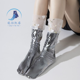Shiny Reflective Socks Cosplay Stage Performance Socks Gold and Silver Lace Small Flower Slouch Socks Metallic Mid-Calf