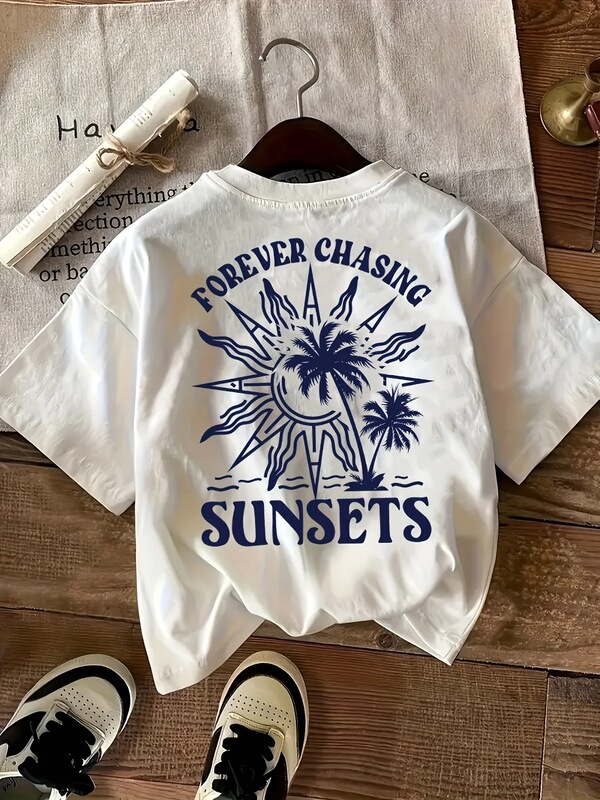 Women's Tropical Beach Print T-Shirt - Sunset-Chasing Graphic, Soft Stretch Fabric, Crew Neck, Casual Vacation Top Women's Tropical Beach Print T-Shirt - Sunset-Chasing Graphic, Soft Stretch Fabric, Crew Neck, Casual Vacation Top