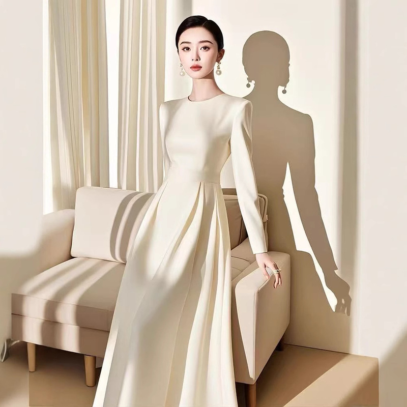 Early Spring Formal Occasion Temperament Tight Waist Small Chanel White Long Sleeve dress Western Style Noble Small Long Dress