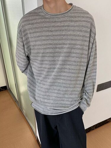 Autumn and Spring Thin American Retro Fringe Crew Neck Striped Long Sleeve T-Shirt for Men Casual Loose Base Shirt Top Trendy