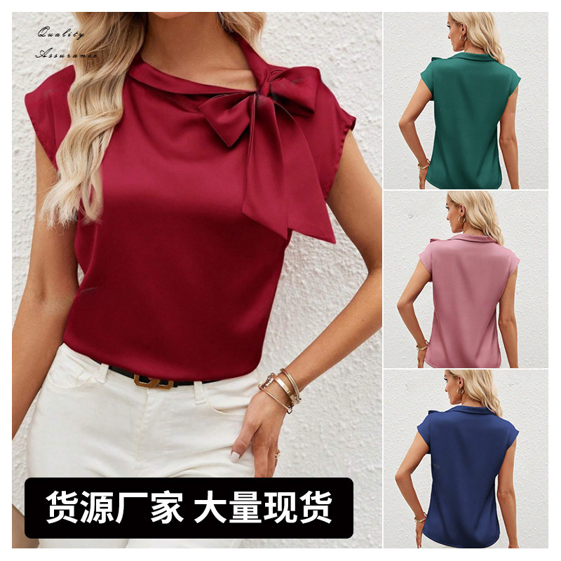 Half Open Collar Bow Satin Top Niche Design Satin Women's Clothing Amazon Cross-border European and American New T-shirt