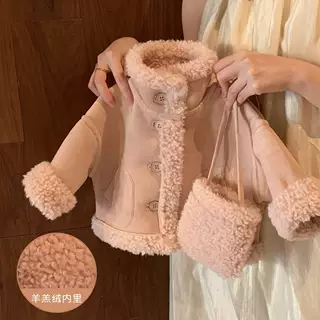 甜美女童仿鹰皮绒外套冬装2025新款中小童女宝宝一体羊羔绒外套潮