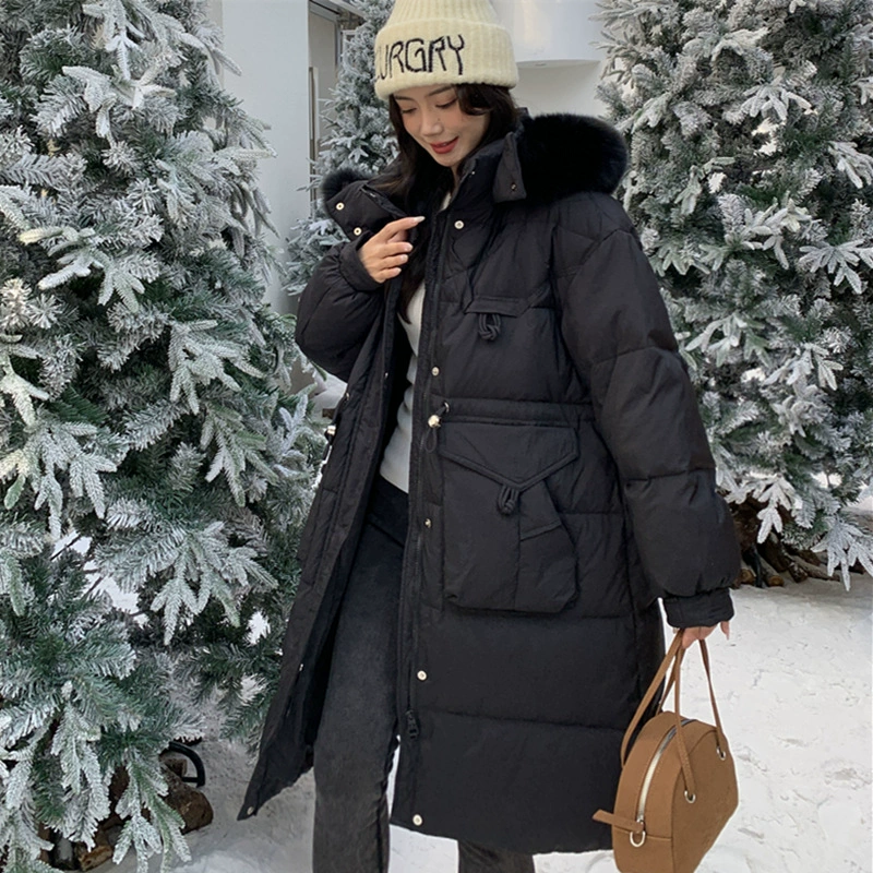 Пуховик, длинный с капюшоном, корейский стиль, plus size