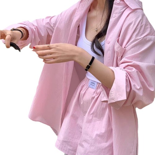 Korean-style summer sweet youthful loose-fitting top with tie detail, long-sleeved shirt, high-waisted wide-leg pants and shorts set