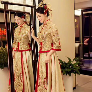 Champagne Color Show Wo Dress Bride 2023 New Summer Chinese Dragon and Phoenix Jacket Toast Dress Wedding Dress Show Kimono