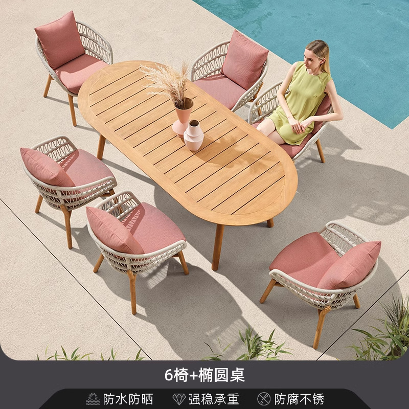 Sofá de patio impermeable al aire libre teca caña sofá jardín al aire libre residencial ocio simple combinación de madera sólida