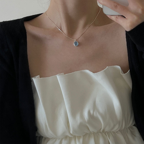 Women's Sea Blue Zirconia Necklace Geometric Elliptical Exquisite Elegant S925 Silver Ins Lockchain Niche Influencer Necklace