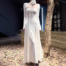 蕾丝边半高领长袖针织连衣裙女25冬季新款法式修身内搭打底长裙