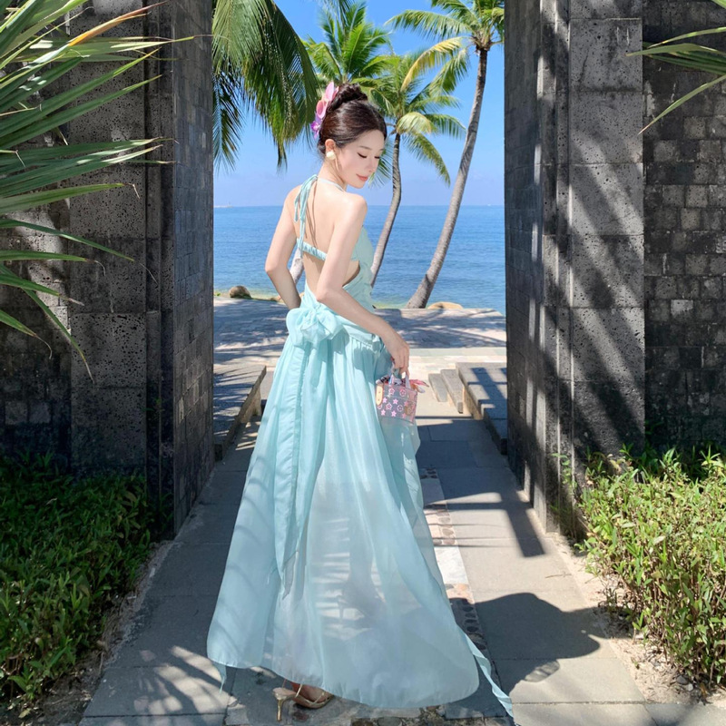Mint Green Holiday Atmosphere Halterneck Fairy-Like Beautiful Back Bow Fairy Long Skirt Suitable for Taking Photos at the Beach