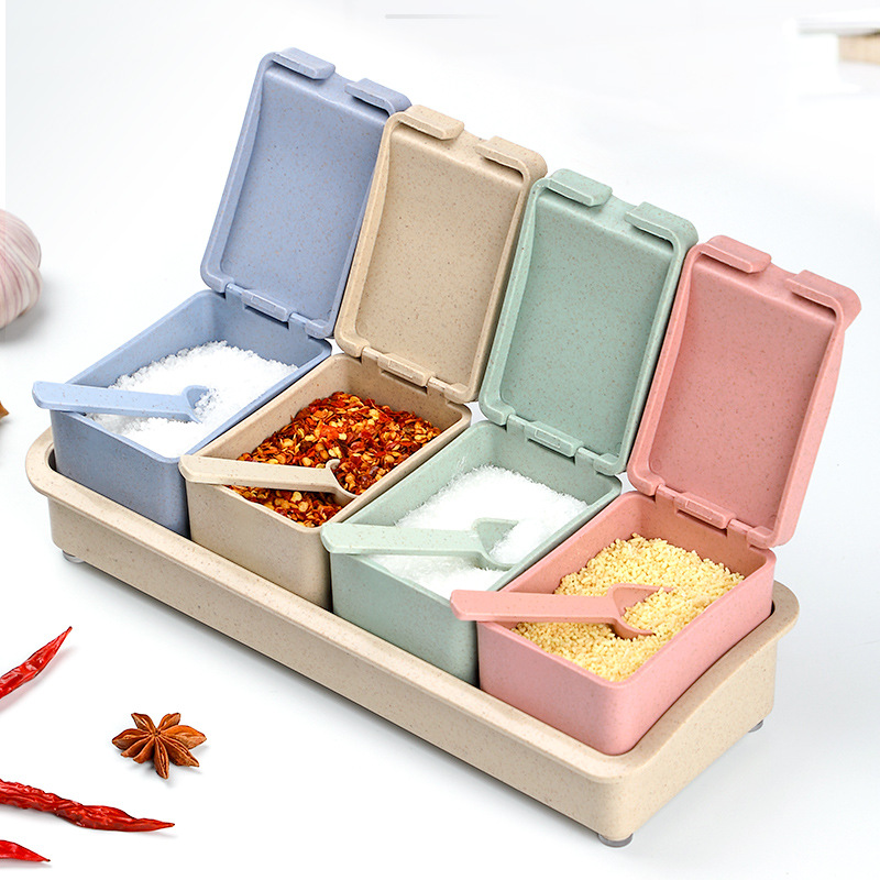 家用调味罐盐罐作料盒小麦秸秆四格调味盒套装创意厨房带勺调料盒