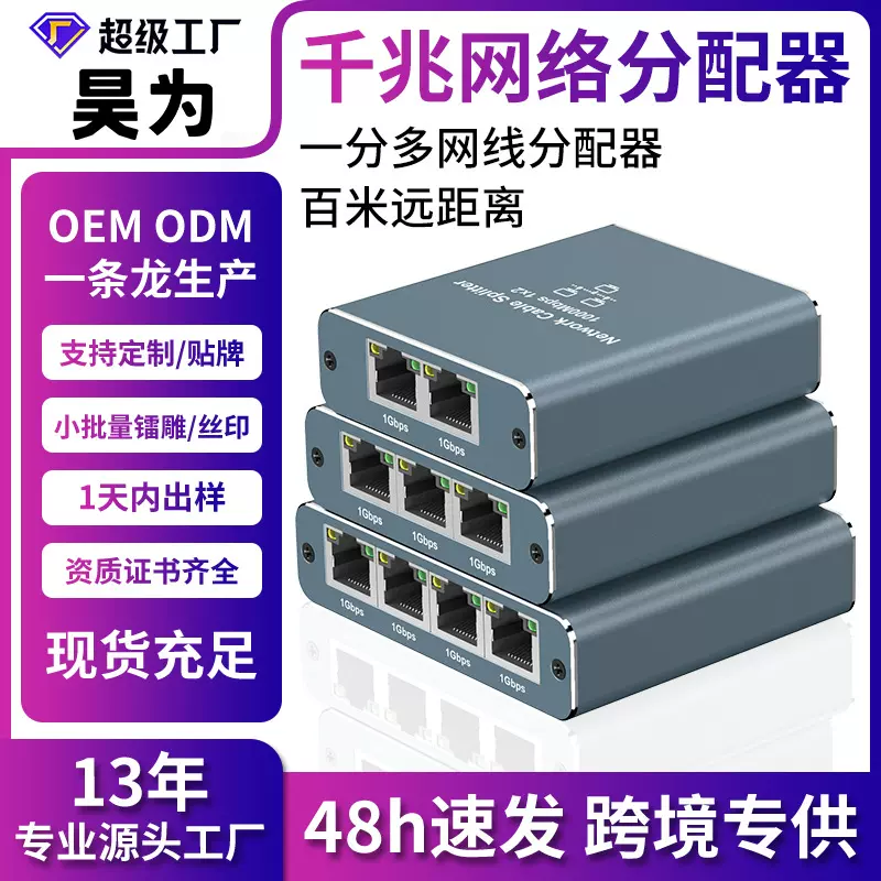 RJ45千兆网络分配器1分2一分四RJ45网线分线器多接口即插即用