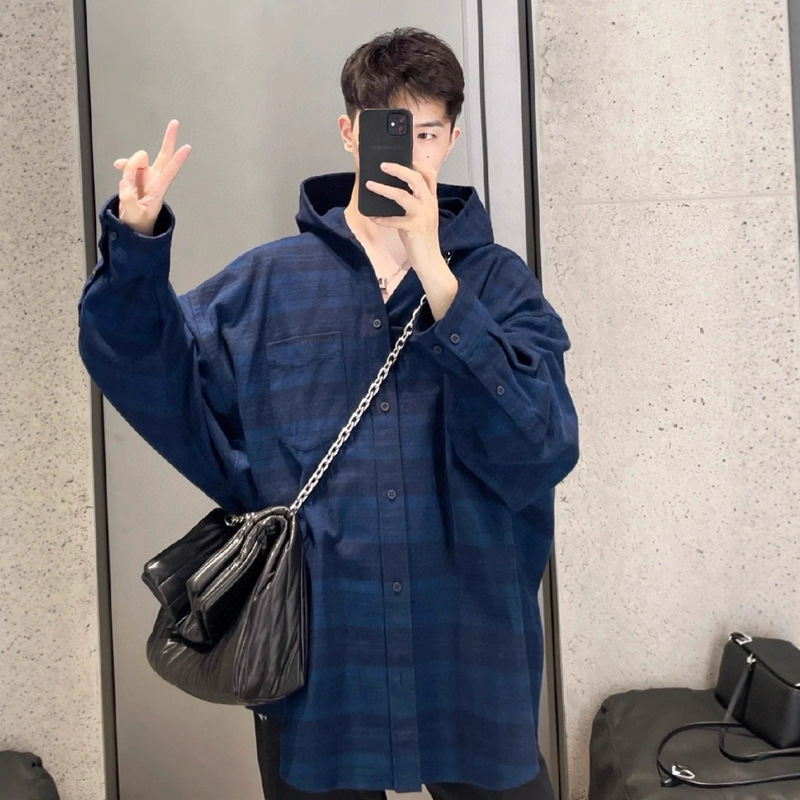 2025 Early Autumn New Original Paris B Brand Navy Blue Brushed Plaid Flannel Hooded Shirt Jacket for Men and Women 2025 Early Autumn New Original Paris B Brand Navy Blue Brushed Plaid Flannel Hooded Shirt Jacket for Men and Women